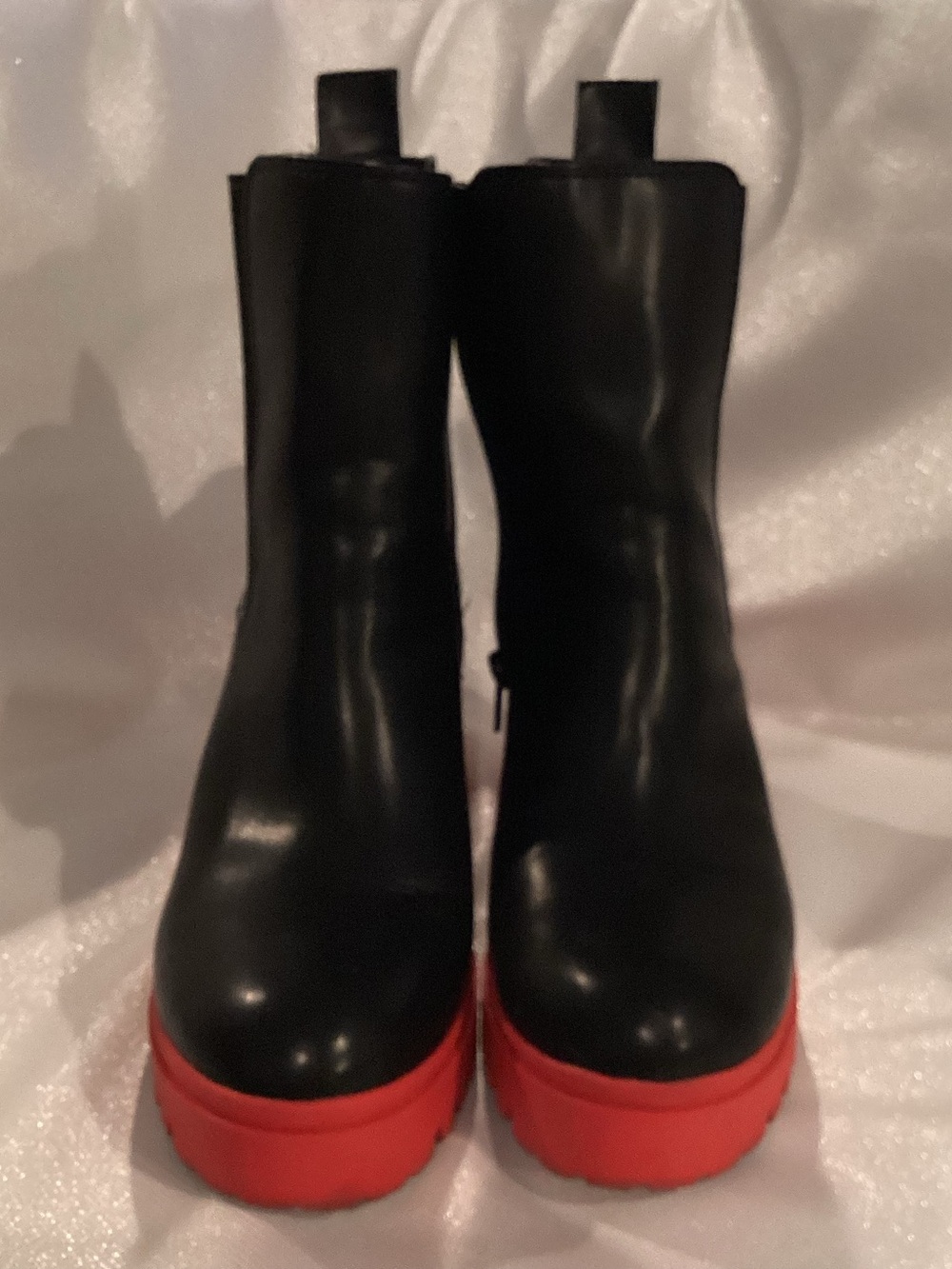 Black Leather-Look Women’s Platform Ankle Boots with Red Soles